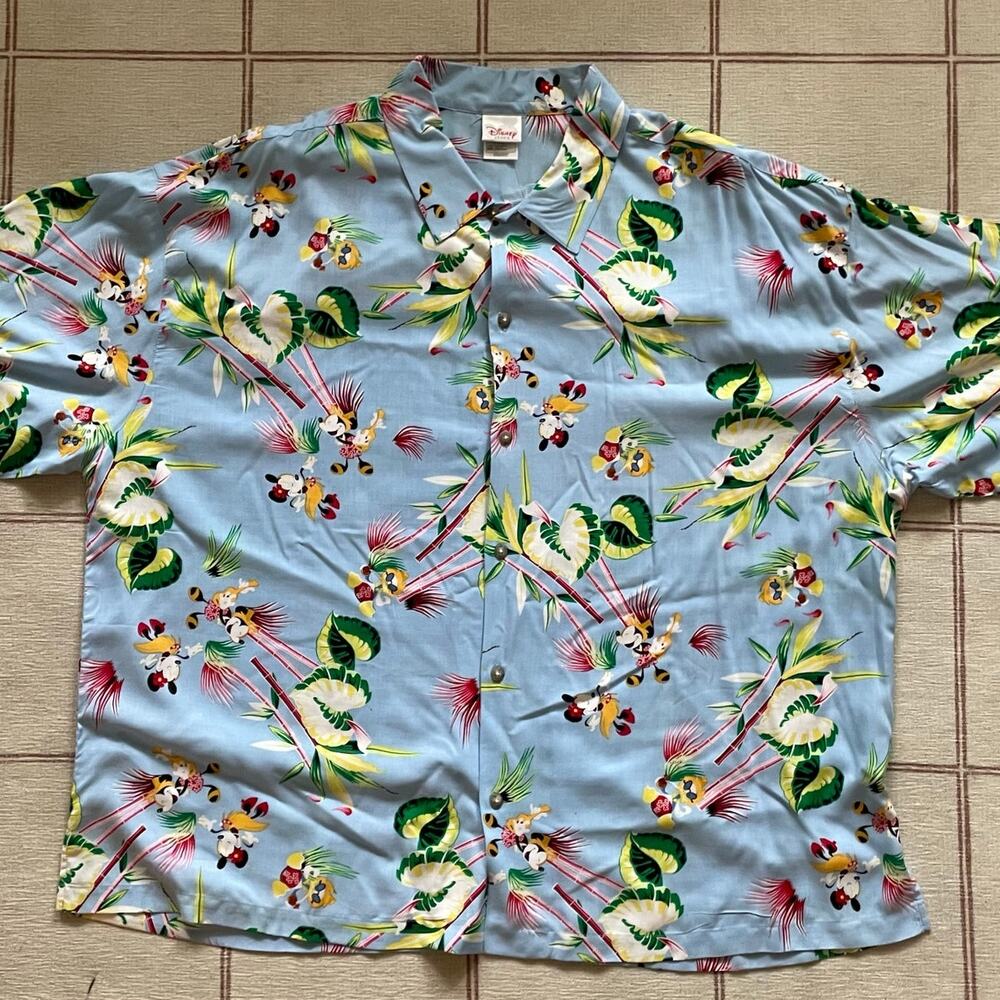 Disney Light Blue All Over Print Hawaiian Shirt XXL Luau Mickey Mini Palm Trees